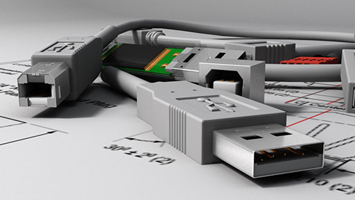 Computer rendered image of USB cables and ports