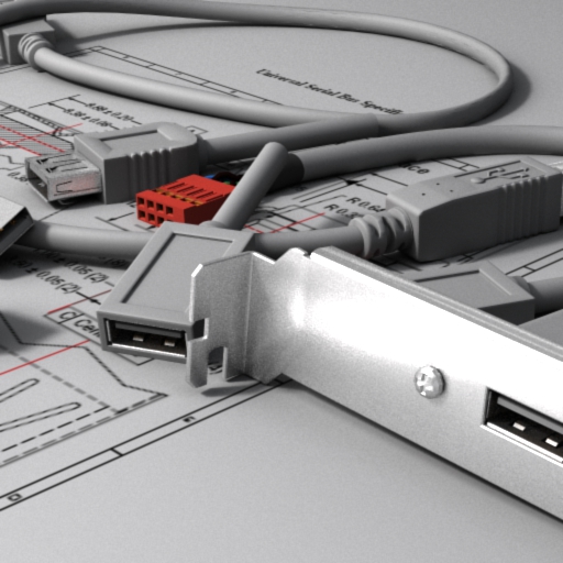 Computer rendered image of USB cables and ports